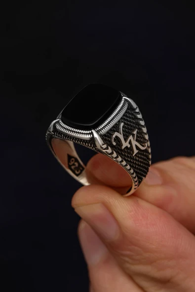 Siyah Oniks Taşlı Harfli 925 Erkek Gümüş Yüzük - Resim 6