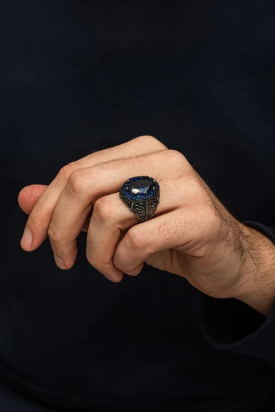 Parlament Mavisi Taşlı 925 Erkek Gümüş Yüzük - Resim 3