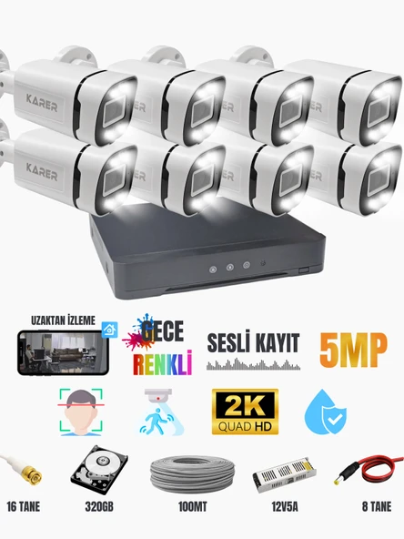 ExitCam 8 Kameralı 5MP Renkli Gece Görüşlü Ses Kayıtlı Güvenlik Kamerası Seti 320GB HDD