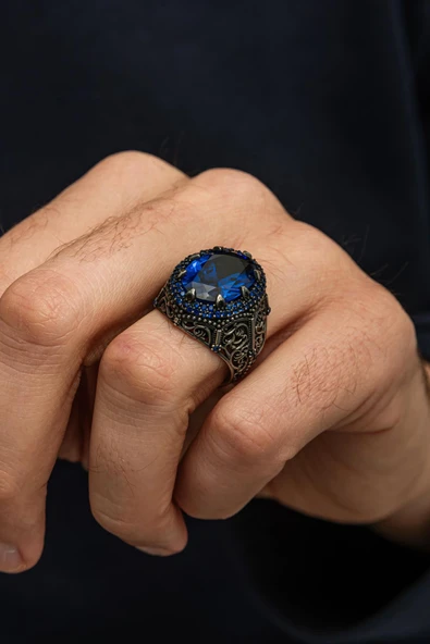 Parlament Mavisi Taşlı 925 Erkek Gümüş Yüzük - Resim 4