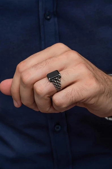 Siyah Oniks Taşlı Gurmet Model 925 Gümüş Erkek Yüzük - Resim 4