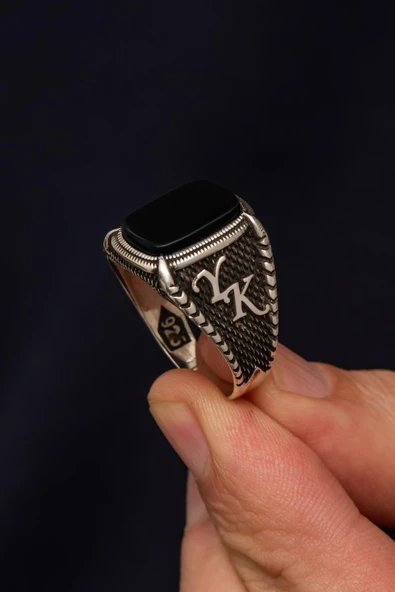Siyah Oniks Taşlı Harfli 925 Erkek Gümüş Yüzük - Resim 3