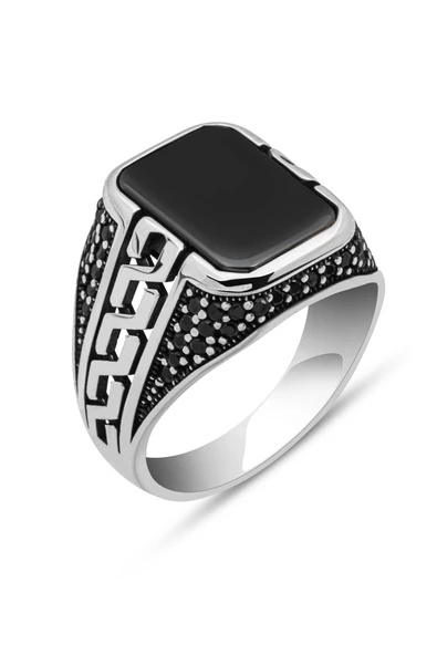 Grek Desenli Siyah Oniks Taşlı 925 Gümüş Erkek Yüzük - Resim 2