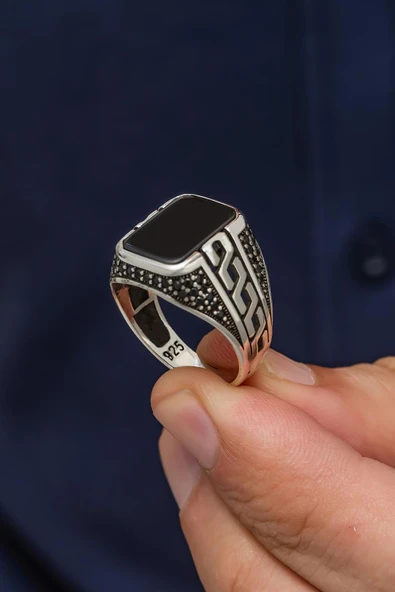 Grek Desenli Siyah Oniks Taşlı 925 Gümüş Erkek Yüzük - Resim 5