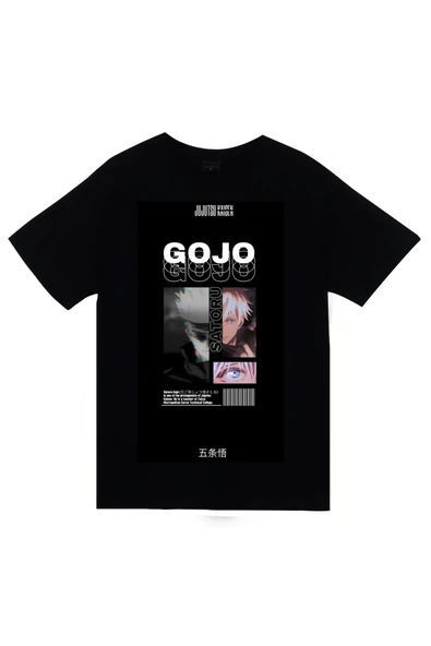 fame-stoned Jujutsu Kaisen Satoru Gojo Anime Baskılı Unisex %100 Pamuk Siyah T-shirt ürün görseli