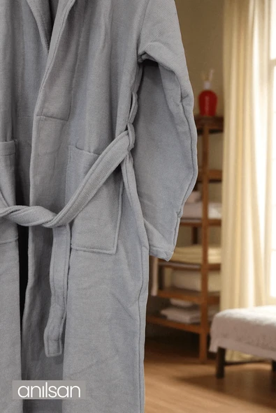 %100 Pamuk Gri Bornoz - Şalyaka Otel Bornozu, Spa Için Ideal, Günlük Kullanıma Uygun - 4