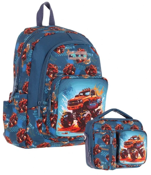 Kaukko Kids Arazi Aracı Erkek Çocuk Yeşil Kırmızı Okul Çantası ve Beslenme Çanta Takımı