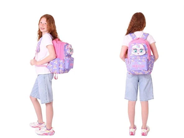 Kaukko Kız Çocuk 3D Kedi Şekilli Mor Pembe Okul Sırt Çantası ve Isı Yalıtımlı Beslenme Çantası Seti - Resim 3