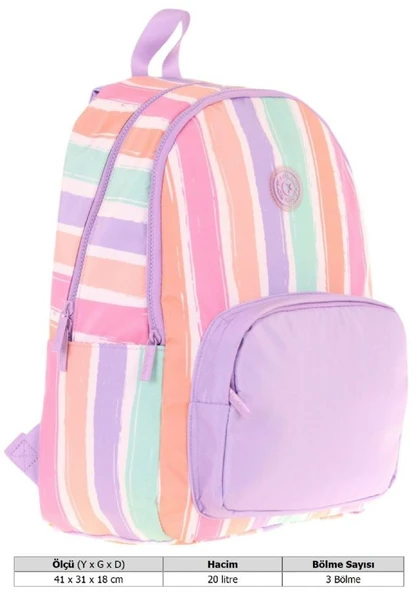 Kaukko Rainbow Kız Çocuk Üç Bölmeli İlkokul ve Ortaokul Çantası - Mor Çok Renkli Çizgili - K1801 - Resim 4