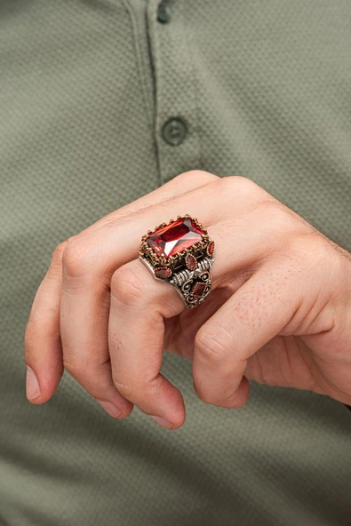 Kırmızı Zirkon Taşlı 925 Erkek Gümüş Yüzük - Resim 5