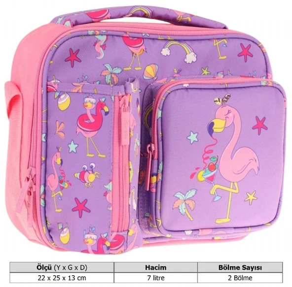 Kaukko Kız Çocuk, Mor Pembe, Flamingo Baskılı Isı Yalıtımlı Üç Bölmeli (Matara Cepli) Okul Beslenme Çantası L7240 - 3