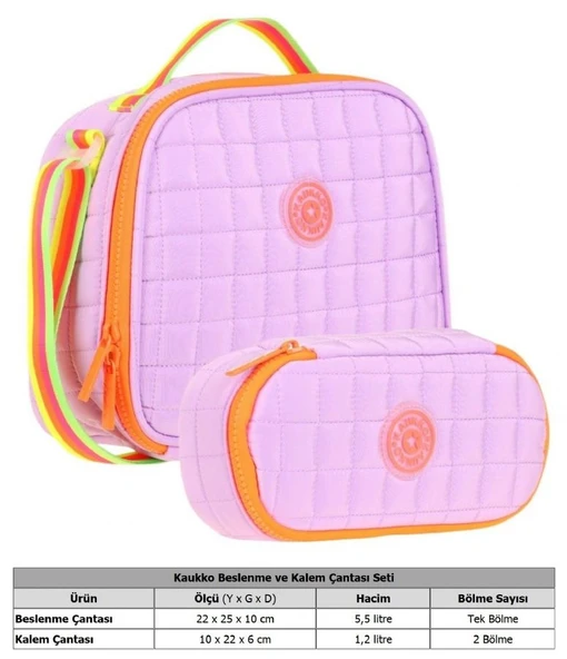 Kaukko Kapitone Okul Termoslu Beslenme Çantası ve Organizer Kalemlik Seti - Kız Çocuk - Mor Turuncu - Resim 2
