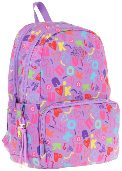 Kaukko Kız Çocuk Kalp ve Kaukko Baskılı Mor Okul Çantası - Üç Bölmeli - K1784 ürün görseli