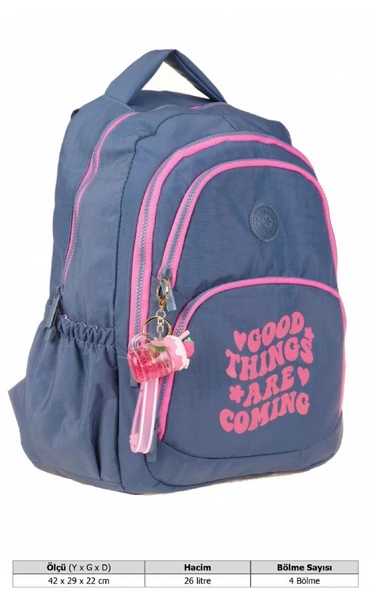 Kaukko Crazy Dört Bölmeli Kız Çocuk/Kadın Okul ve Günlük Sırt Çantası - Gri Pembe (Krinkıl Kumaş) K1687 - Resim 4