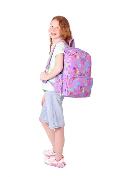 Kaukko Kız Çocuk Kalp ve Kaukko Baskılı Mor Okul Çantası - Üç Bölmeli - K1784 - Resim 5