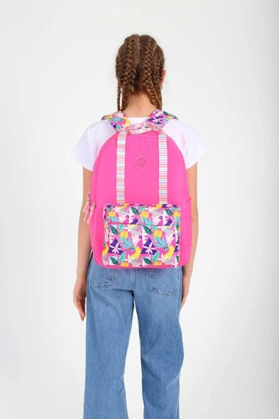 Kaukko K1762 Kız Çocuk/Kadın (Pembe - Yaprak Desenli) Okul ve Günlük Sırt Çantası - Resim 5