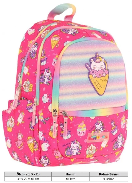 Kaukko Üç Bölmeli Kız Çocuk İlkokul Sırt Çantası (L5227) - Pembe - Kauçuk Dondurma - Resim 4