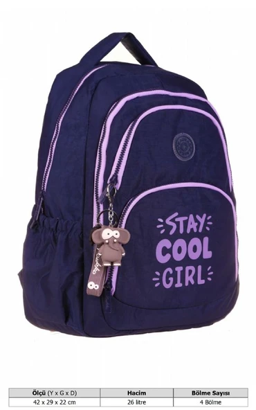 Kaukko Crazy Dört Bölmeli Kız Çocuk/Kadın Okul ve Günlük Sırt Çantası - Lacivert Mor (Krinkıl Kumaş) K1680 - Resim 4