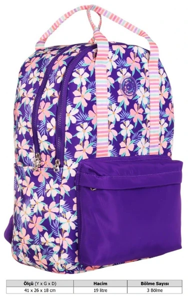 Kaukko K1763 Kız Çocuk/Kadın (Mor - Çiçek Desenli) Okul ve Günlük Sırt Çantası - Resim 6