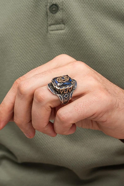 Siyah Taşlı Çiçek Motifli 925 Erkek Gümüş Yüzük - Resim 5