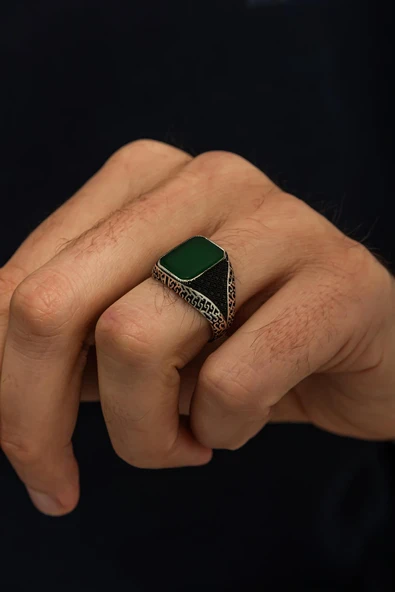 Yeşil Akik Taşlı 925 Erkek Gümüş Yüzük - Resim 4