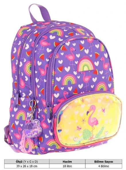 Kaukko Kids Üç Gözlü (Kız Çocuk) Okul Sırt Çantası (Flamingo Nakışlı ve Baskılı) - L5226 - Resim 4