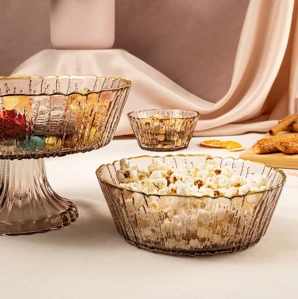 Fecra Rita 3'lü Cam Kase Seti Kahve Altın Fileli - 4