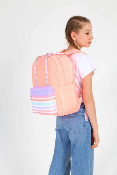 Kaukko K1766 Kız Çocuk/Kadın (Somon - Çizgi Desenli) Okul ve Günlük Sırt Çantası - Resim 4