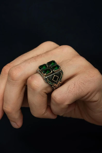 4 Yeşil Taşlı Kılıç Model 925 Erkek Gümüş Yüzük - Resim 4