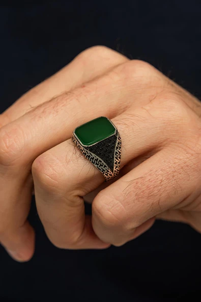 Yeşil Akik Taşlı 925 Erkek Gümüş Yüzük ürün görseli