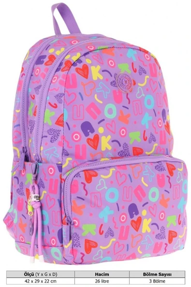 Kaukko Kız Çocuk Kalp ve Kaukko Baskılı Mor Okul Çantası - Üç Bölmeli - K1784 - Resim 3