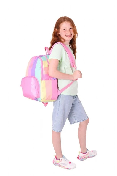 Kaukko Rainbow Kız Çocuk Üç Bölmeli İlkokul ve Ortaokul Çantası - Pembe Çok Renkli Çizgili - K1802 - 5