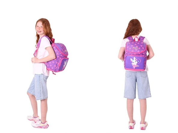 Kaukko L5246+L7246 Okul Sırt Çantası + Beslenme Çantası Seti - Mor Pembe - Kalpli Tavşan - Kız Çocuk - Resim 3