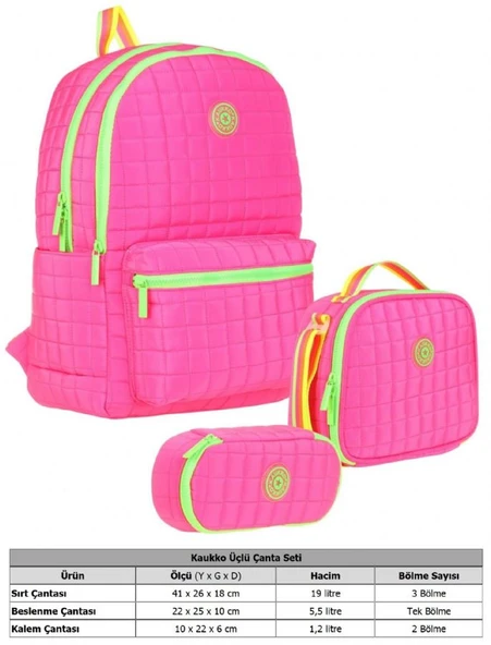 Kaukko Quilted Pembe Yeşil Kapitone Üçlü Okul Çantası Seti - Kız Çocuk - Resim 3