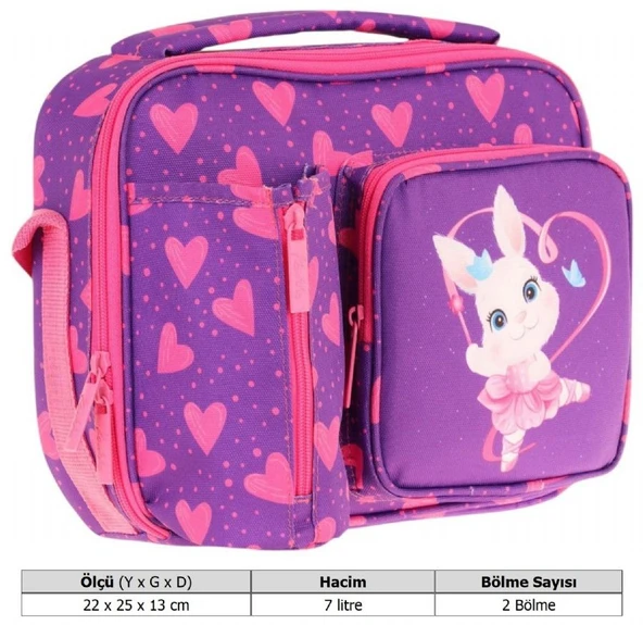 Kaukko Kız Çocuk, Mor Pembe, Kalpli Tavşan Desenli Isı Yalıtımlı Üç Bölmeli (Matara Cepli) Okul Beslenme Çantası L7246 - 3