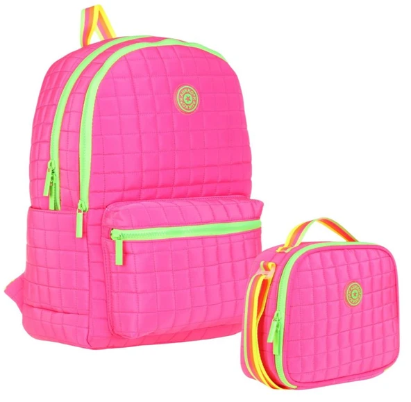 Kaukko Kız Çocuk Kapitone Detaylı Pembe Yeşil Okul Çantası ve Kalemlik Seti(K1771+K9046) ürün görseli