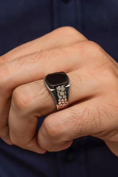 Damar Motifli Oniks Taşlı 925 Gümüş Erkek Yüzük ürün görseli