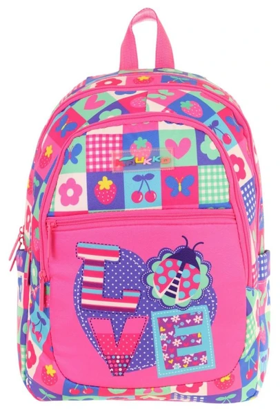 Kaukko Üç Bölmeli Kız Çocuk İlkokul Sırt Çantası (L5229) - Pembe Mavi - Love Desenli - Resim 2