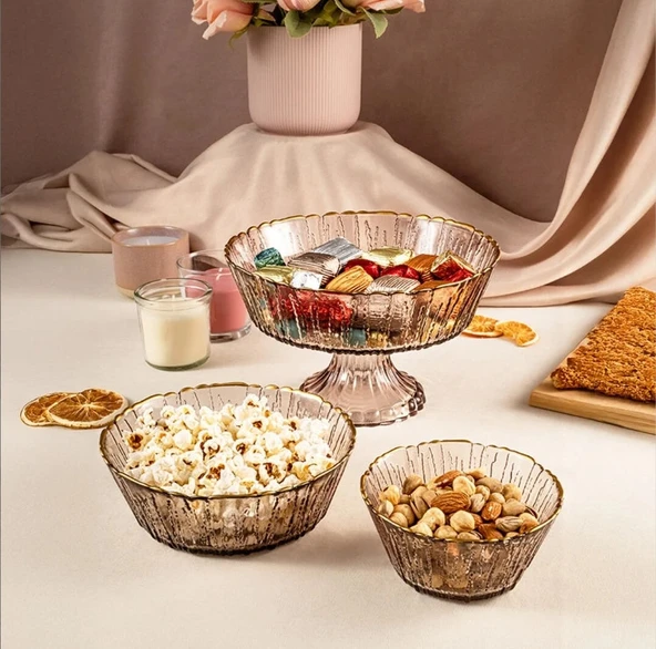 Fecra Rita 3'lü Cam Kase Seti Kahve Altın Fileli