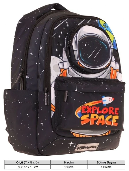 Kaukko Toys Erkek Çocuk 3D Astronot Şekilli İlkokul ve Günlük Sırt Çantası - Siyah - L5253 - Resim 4
