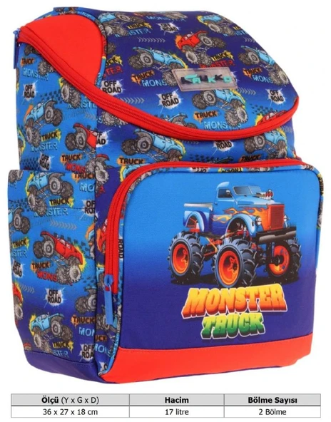 Kaukko İki Bölmeli Ergonomik Erkek Çocuk Okul Çantası (Lacivert Kırmızı - Kamyon Desenli) - L5257 - Resim 4