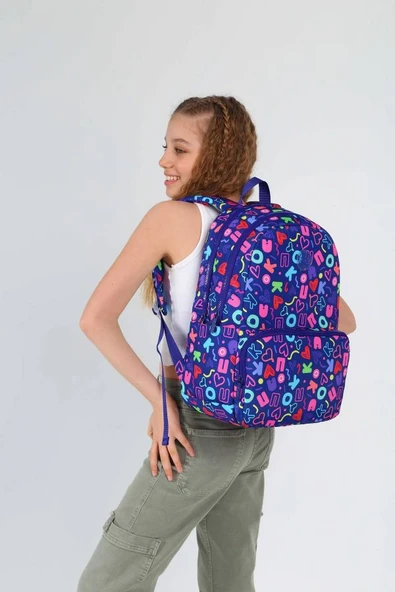 Kaukko Kız Çocuk Kalp ve Kaukko Baskılı Lacivert Okul Çantası - Üç Bölmeli - K1782 - Resim 3