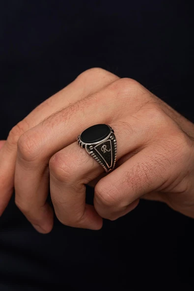Siyah Oniks Taşlı Harfli 925 Erkek Gümüş Yüzük ürün görseli