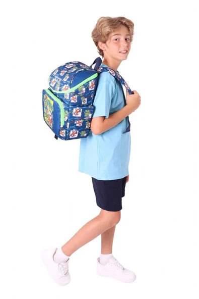 Kaukko İki Bölmeli Ergonomik Erkek Çocuk Okul Çantası (Lacivert Yeşil - Dinazor Baskılı) - L5256 - Resim 5