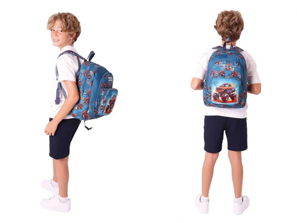 Kaukko Kids Arazi Aracı Erkek Çocuk Yeşil Kırmızı Okul Çantası ve Beslenme Çanta Takımı - 3