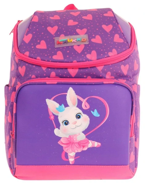 Kaukko İki Bölmeli Ergonomik Kız Çocuk Okul Çantası (Pembe Mor - Kalpli Tavşan Desenli) - L5246 - 2