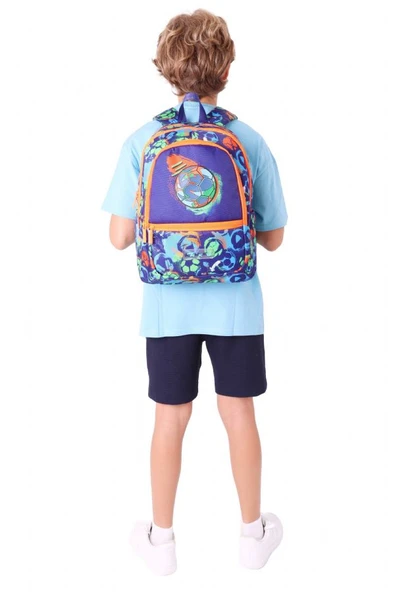 Kaukko Üç Bölmeli Erkek Çocuk İlkokul Sırt Çantası (L5269) - Lacivert Turuncu - Futbol Topu Baskılı - Resim 6