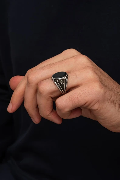 Siyah Oniks Taşlı Harfli 925 Erkek Gümüş Yüzük - Resim 5