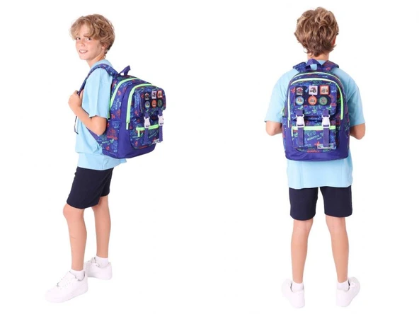 Kaukko L5279+L7279 Erkek Çocuk İkili Okul Çantası ve Beslenme Çantası Seti - Lacivert Yeşil - Armalı Kamyon Desenli - Resim 3