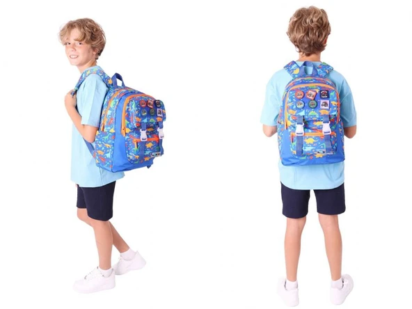 Kaukko L5278+L7278 Erkek Çocuk İkili Okul Çantası ve Beslenme Çantası Seti - Mavi - Armalı Dinazor Desenli - Resim 3